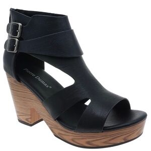 New In Box-Pierre Dumas Black Faux Leather Wedge Sandal